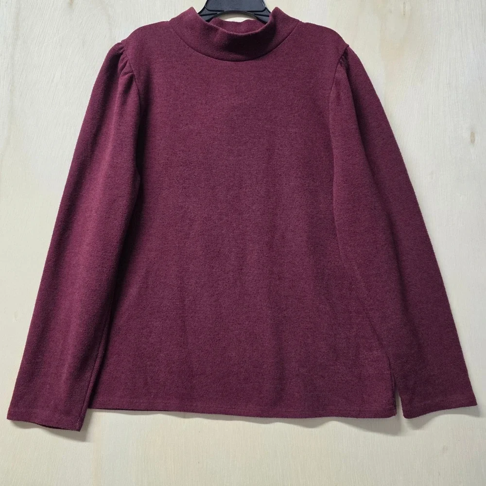 Madewell Burgundy Mock Neck Puff Sleeve Textured Knit Top XL CKP455955837